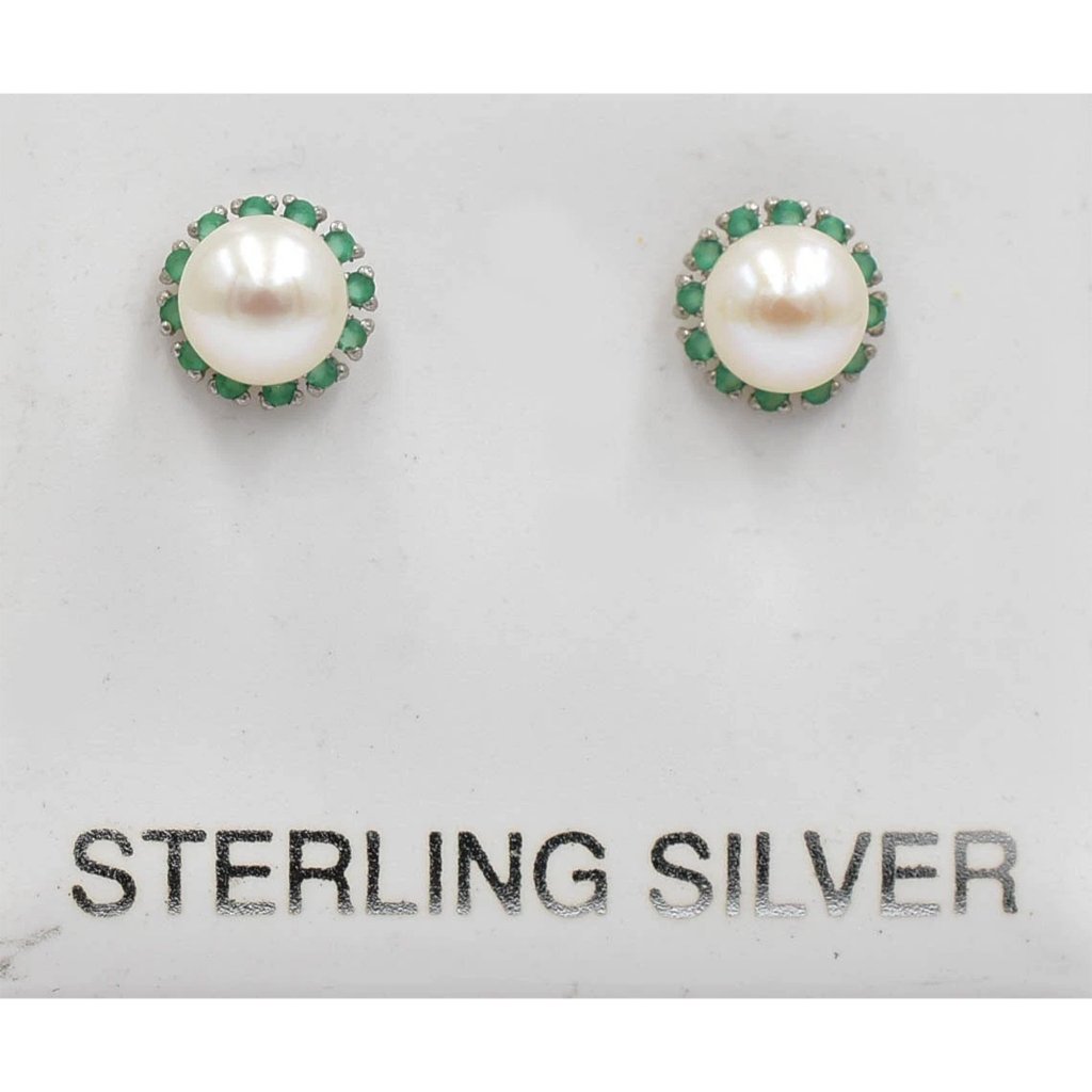 Genuine White Pearl & Emerald Stud Earrings .925 Sterling Silver